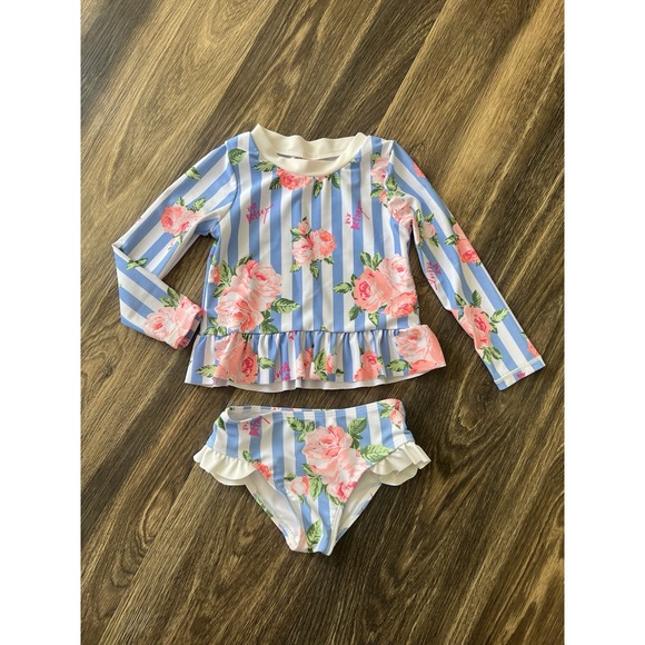 Betsey Johnson Swimsuit 2pc Floral Striped Long‎ Sleeve Girls 3T - Picture 1 of 7